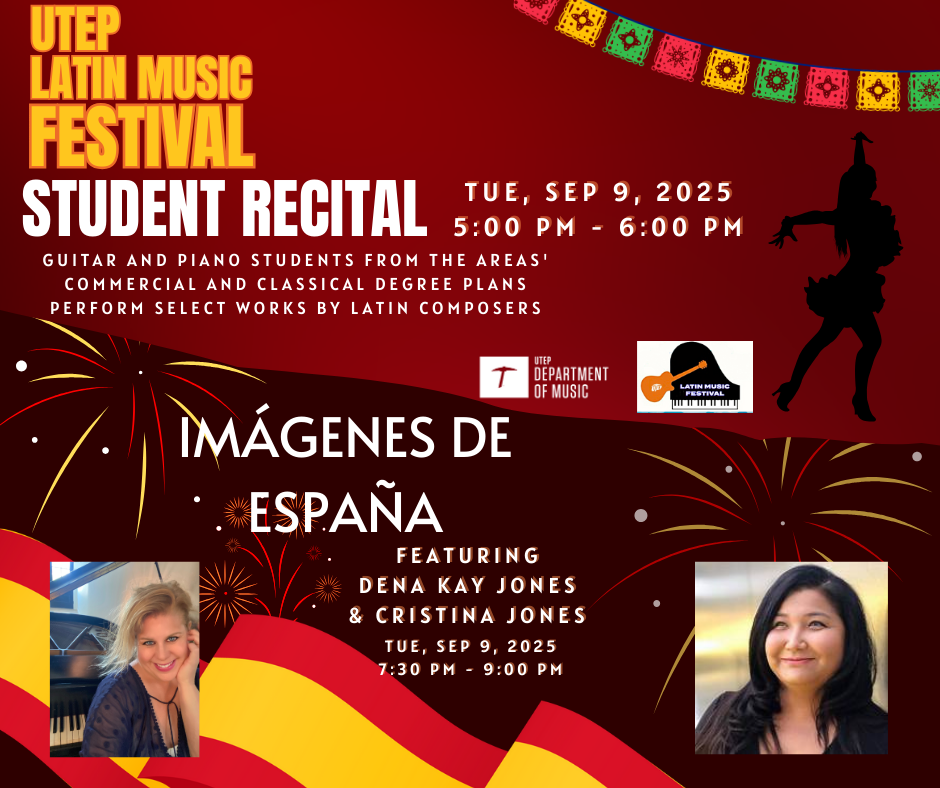 Poster of an upcoming Piano Event featuring UTEP Students and Dr. Jones with guest Cristina Jones